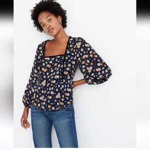 Madewell Velvet Trimmed Square Neck Floral Bubble Sleeve Top